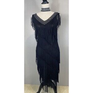 Whitewed Women Sz 0/2 Black Neck Fringe Flapper Dress & Choker